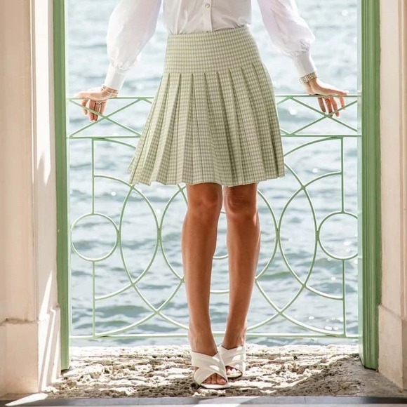 Aleeza Paris Plaid Pleated Mini (27") Skirt Green White Size Lg / #9134 - Picture 1 of 2